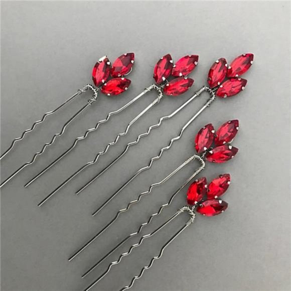 FXmimior Bride Hair Accessories Crystal Hair Pins Clip Bobby Pins Red Rhinestone main image 4